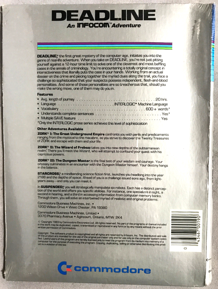 InfoCom Deadline - Text Adventure Game version C64 Commodore published 1983 NIB