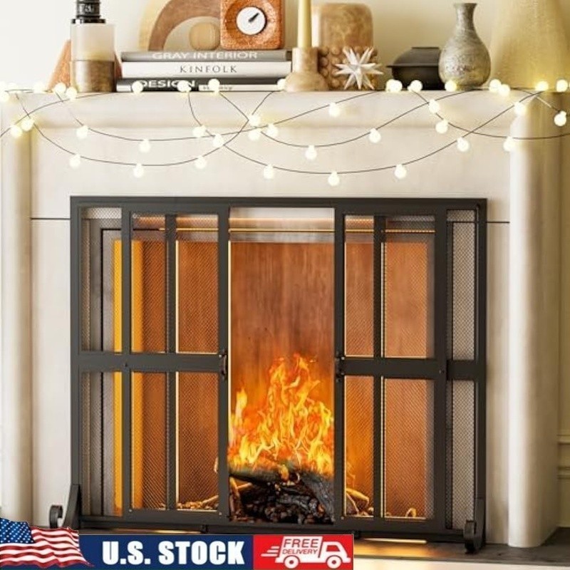 Fireplace Screen Sliding Doors Wrought Iron Spark Guard Gate Protector Pets Kids