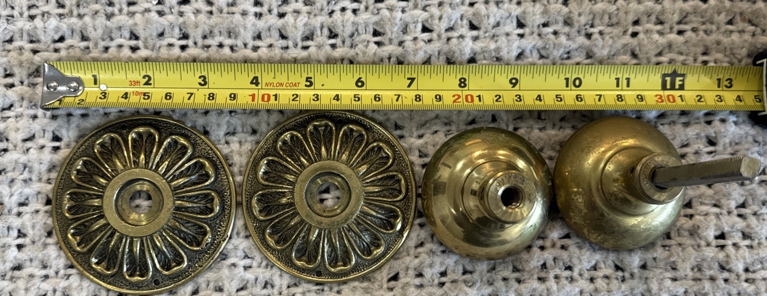 Lot 3psc VNT Ornate Solid Brass Door Knob, Portugal, Mid-Century, Floral Rosette