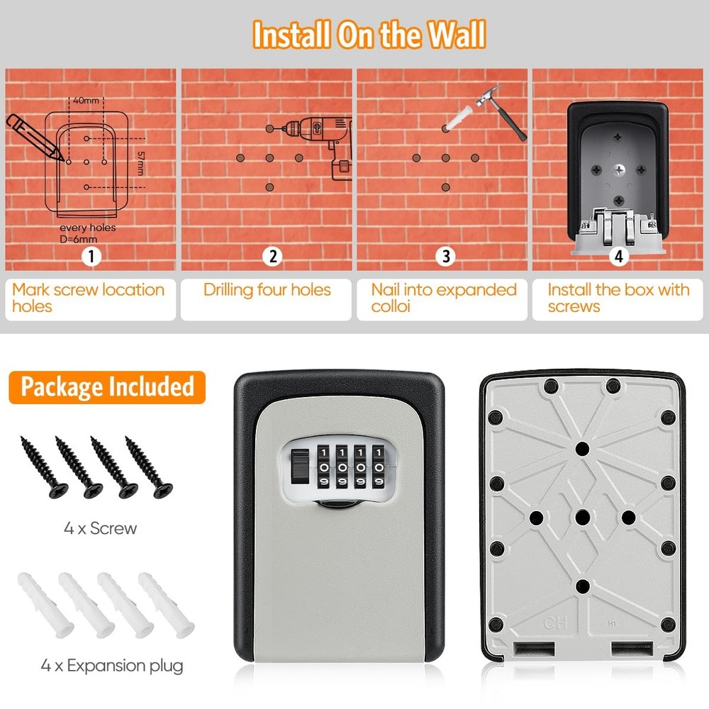 Key Lock Box Wall Mounted, 4 Digit Combination Lockbox for Outside, House Key...