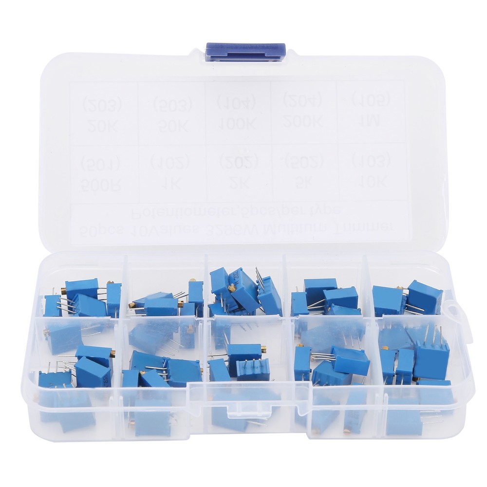 50pcs Variable Resistor 10 Values 3296W Regulating Resistance Trimmer Tool Part