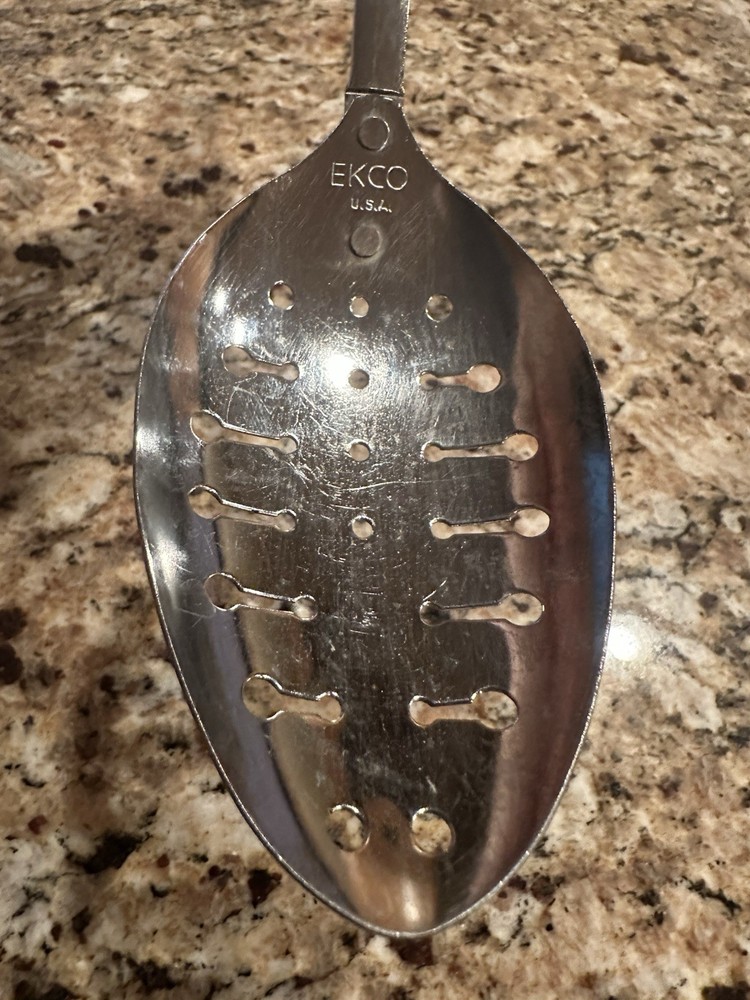 Vintage Ekco Slotted Spoon Chromium Plated Black Plastic Handle Corncob Pattern