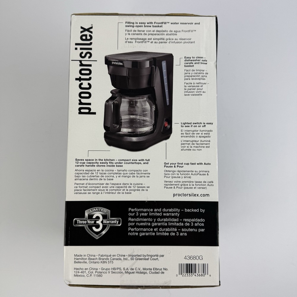 Proctor Silex Front Fill Compact 12 Cup Coffee Maker Glass Carafe Programmable
