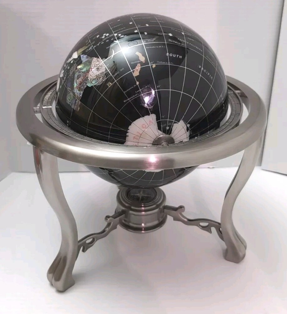 World Globe-Semi-Precious Inlaid Stone and Shells w Compass