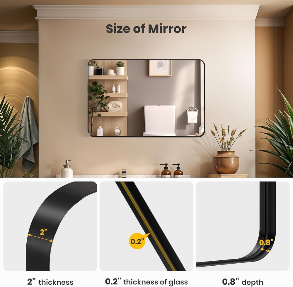 Bathroom Wall Mirror with Metal Frame Rounded Corners Hanging Vanity Mirror