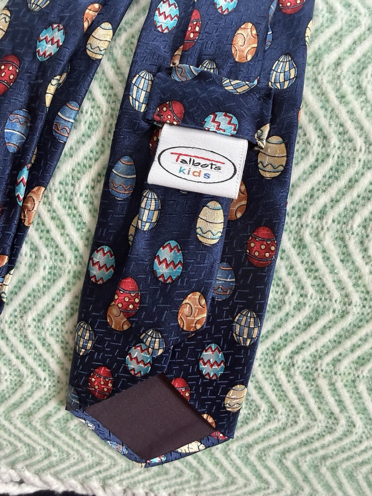 Talbots Kids Silk Necktie Boys Youth Navy Blue Easter Egg pattern 52” EUC