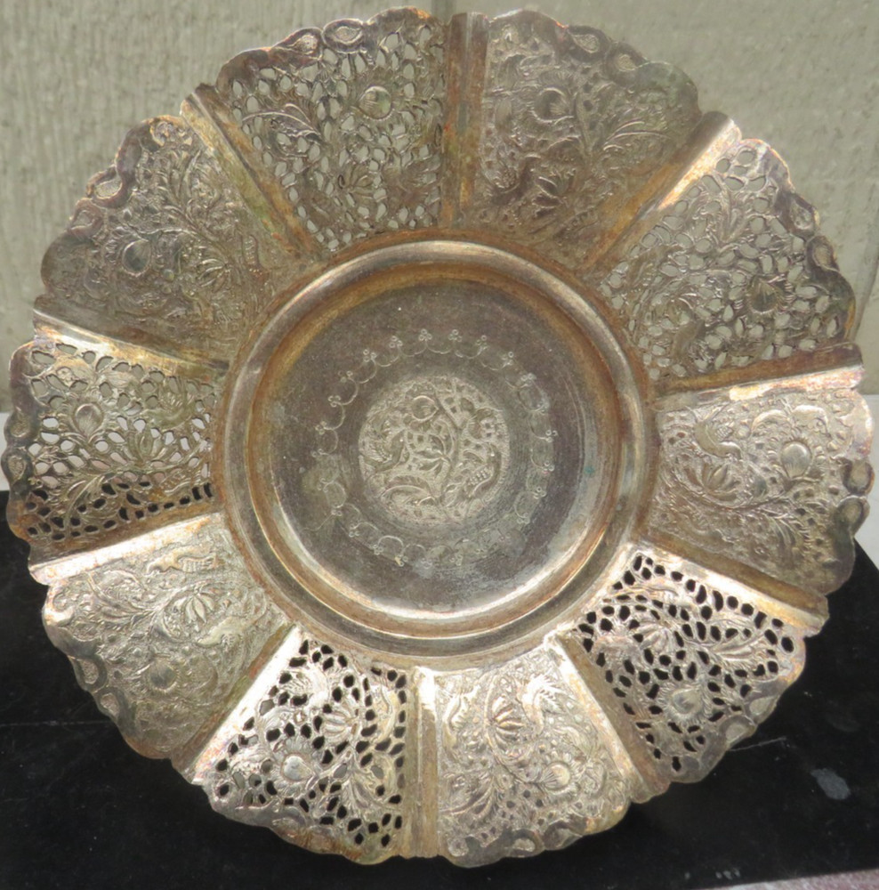 ANTIQUE SOLID SILVER PERSIAN PEDESTAL SOLID SILVER BOWL FLORAL-LIKE DESIGNS