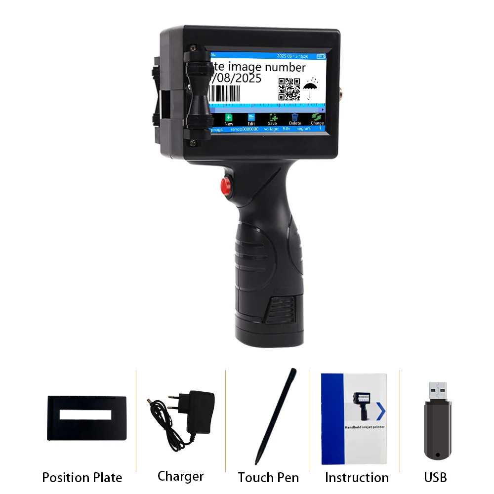 Handheld inkjet printer prints text, batch number, barcode, brand identification