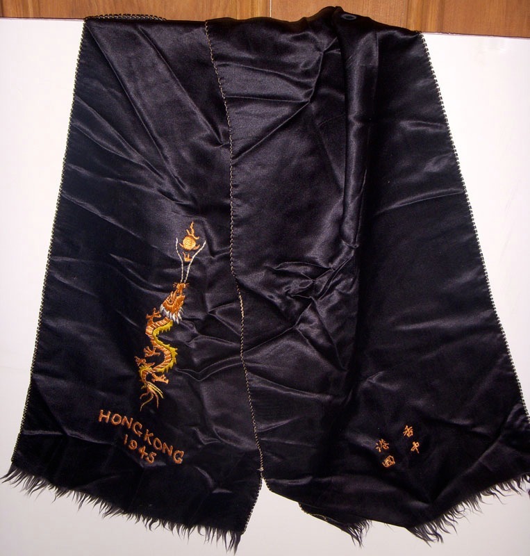 Cool Late WWII CBI Theatre Hong Kong 1945 Souvenir Scarf with Embroidered Dragon
