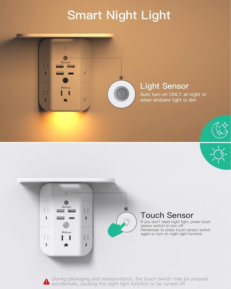 Wall Outlet Extender with Shelf and Night Light Surge Protector Wall Mount