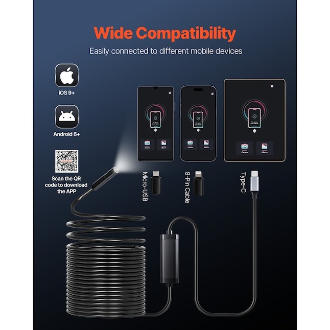 VEVOR Endoscope Camera 1920P HD Borescope for Android & IOS with 10FT Cable
