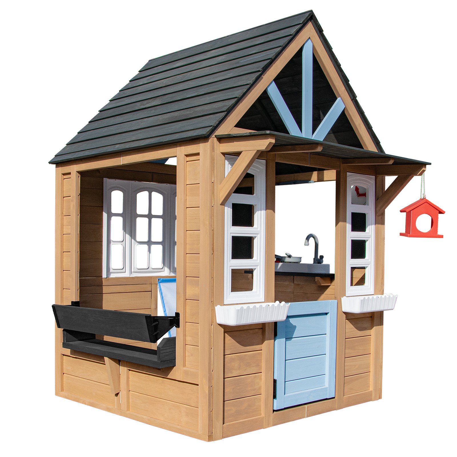 Kids Wooden Playhouse Cottage w/Bench,Play Kitchen,Chalkboard,Flowerpot,Birdcage