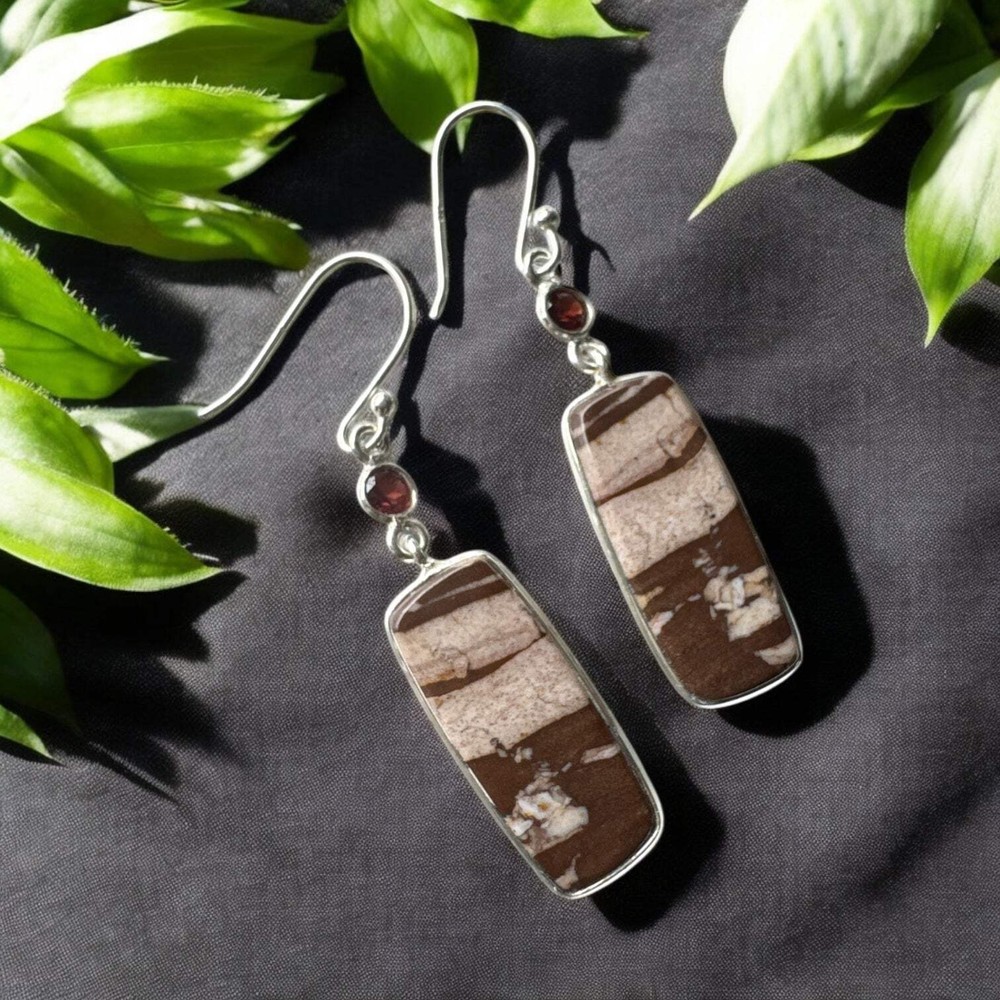 Coconut Jasper & Garnet Solid 925 Sterling Silver Earrings