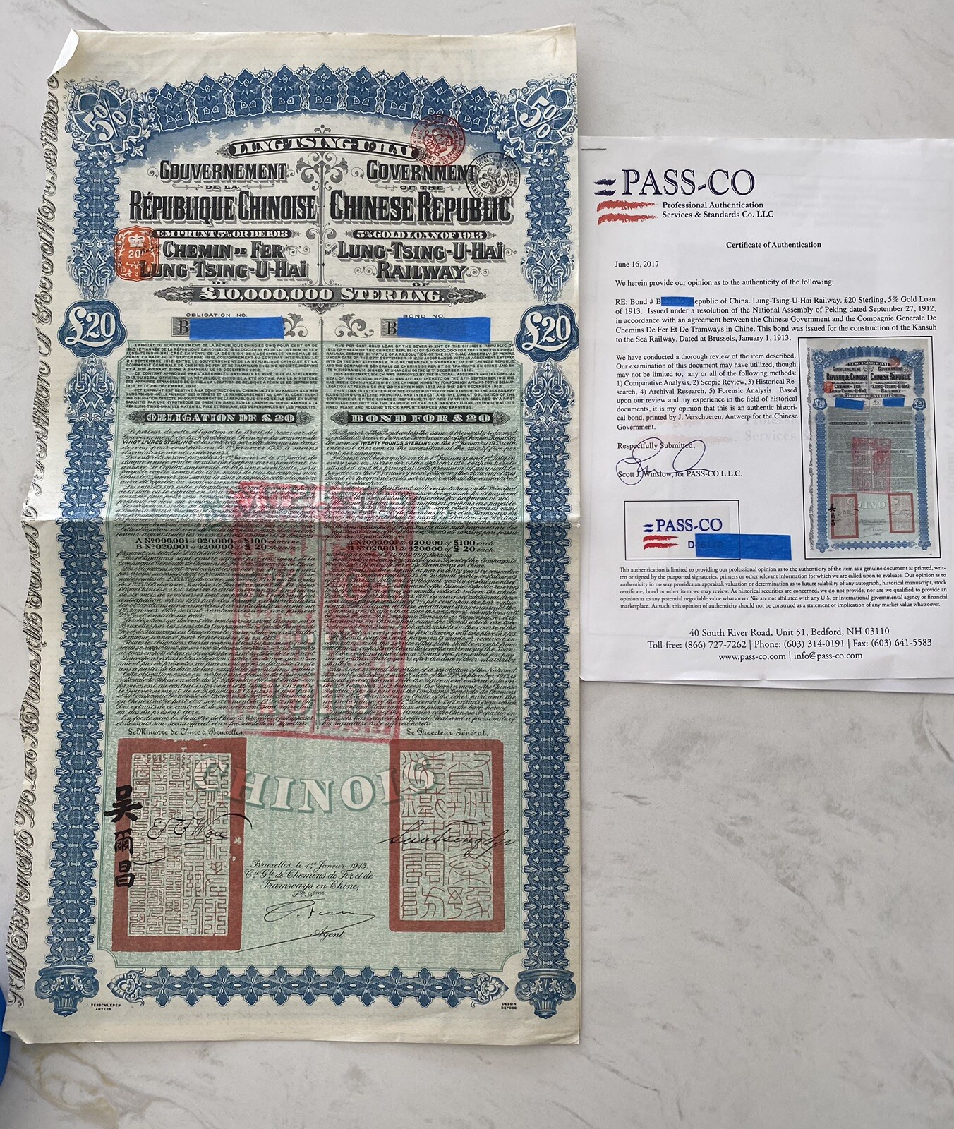 Super Petchili Bonds 1913 Lung Tsing U Hai Coupons with PASS-CO authentication .