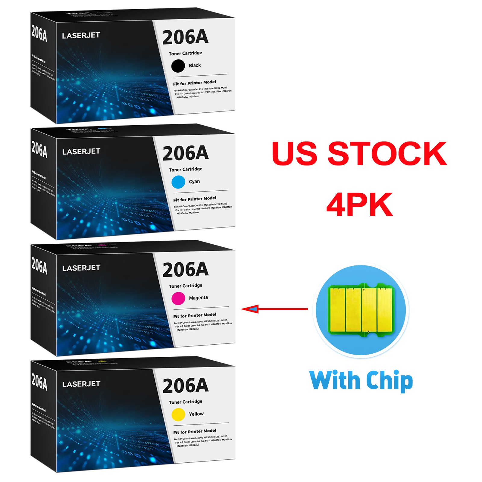 4PK W2110A 206A Toner Fit For HP Color LaserJet Pro M255dw M255nw MFP M283fdn