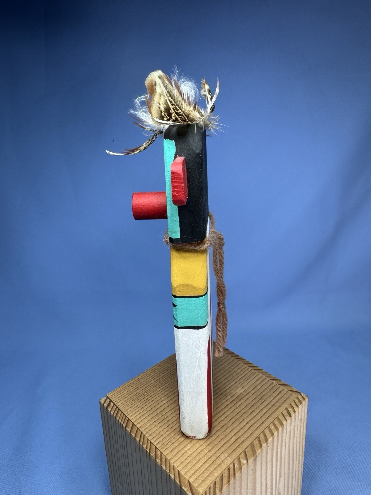 VTG Hopi Puchtihu Corn Kachina Flat Carved Wood With Feathers 7” Sign Puhuyesua