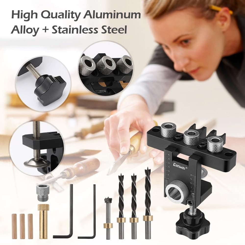 3 in 1 Dowel Jig Drill Kit Self Centering Doweling Jig Adjustable Drilling Width