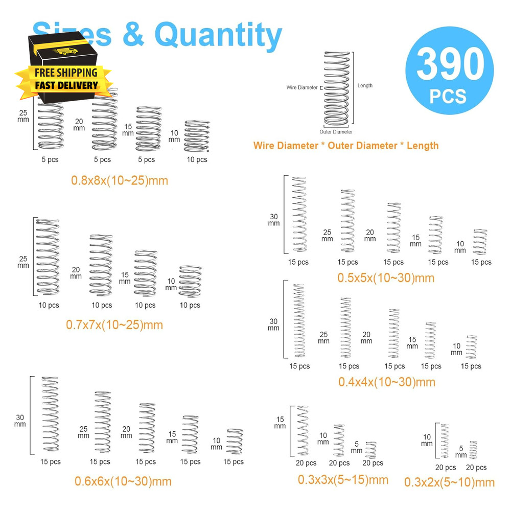 390-Piece Compression Spring Assortment Kit, 28 Sizes Small Springs Set, Stainle