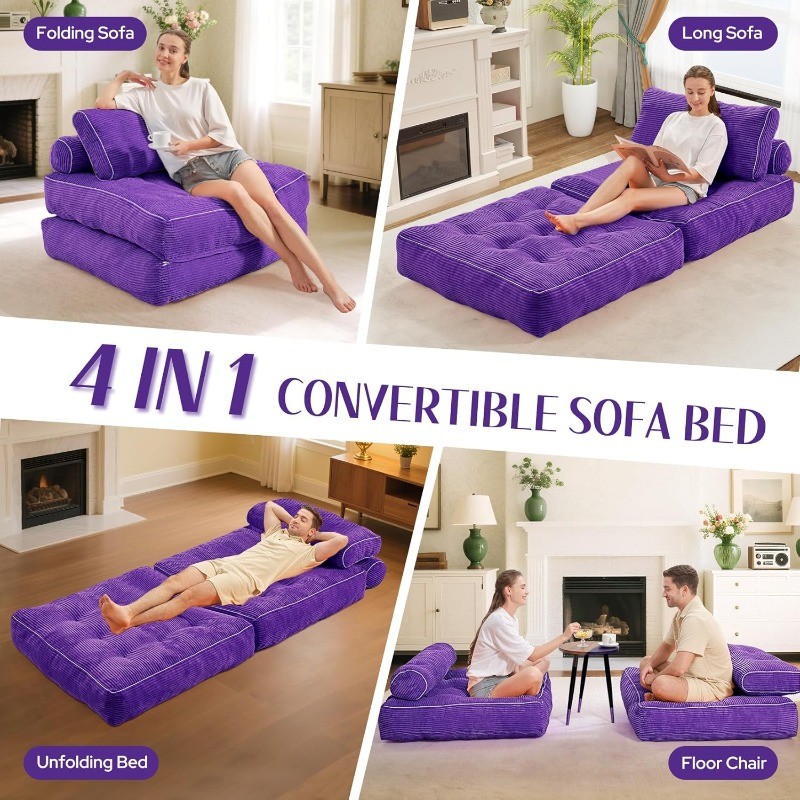 Folding Sofa Bed, Convertible Sleeper Chair Bed w/Dual-Pillow & Handle, Foldable