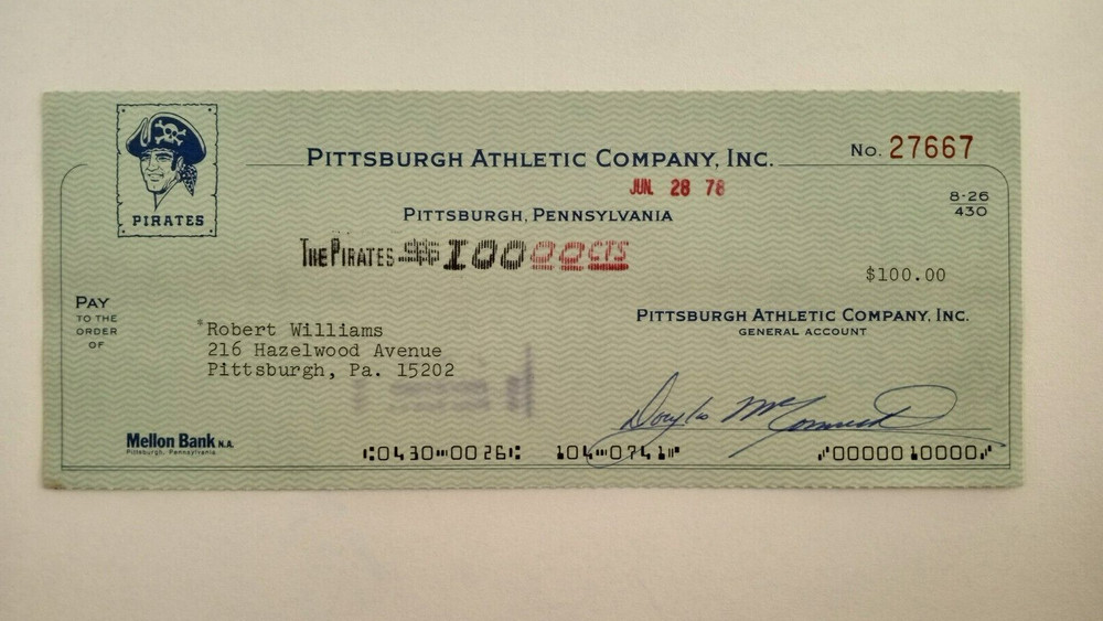 Robert Williams: 1978 Pittsburgh Pirates Expense Check
