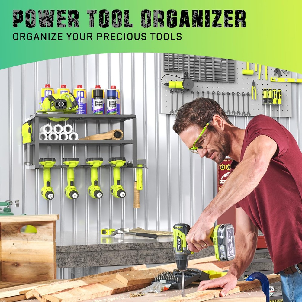 Power Tool Organizer 3 Tier Wall Mounted Rack with 4 Drill Holders
