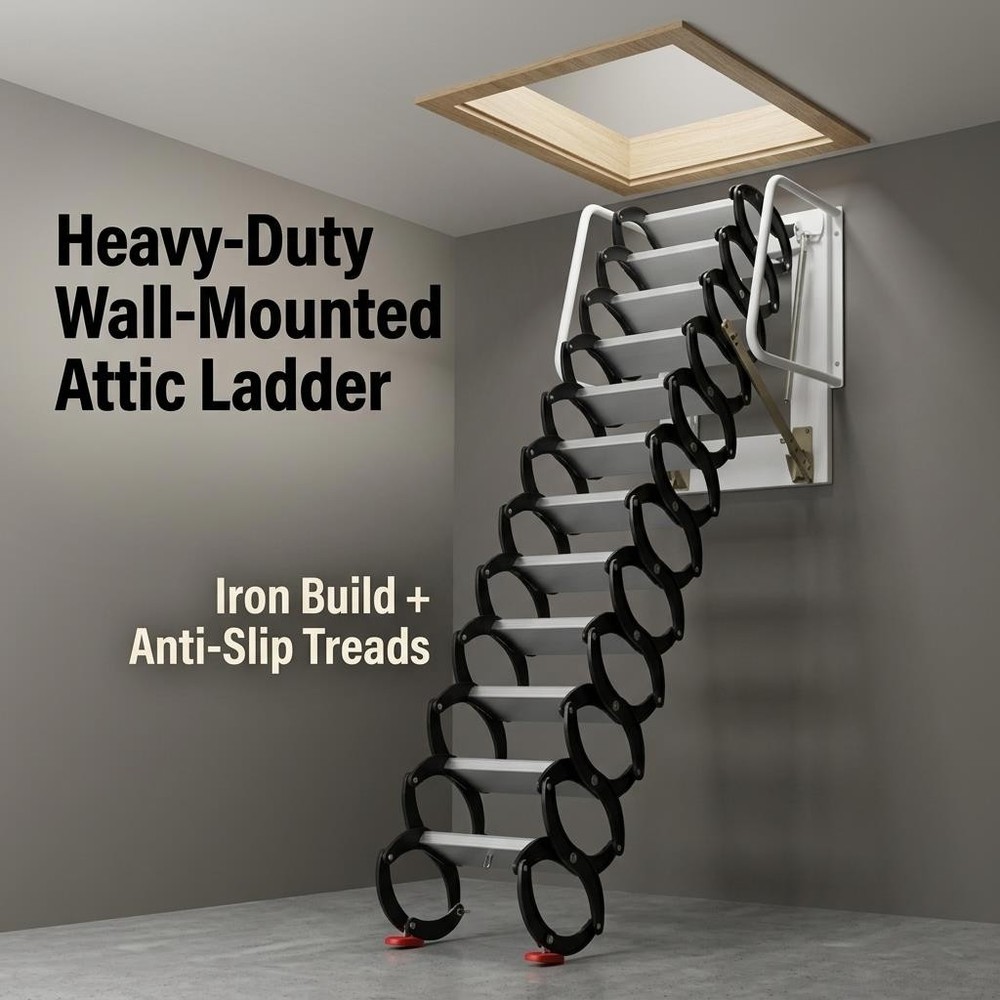 12 Steps Wall Mounted Folding Ladder Loft Stairs Black Attic Steps Pull Down