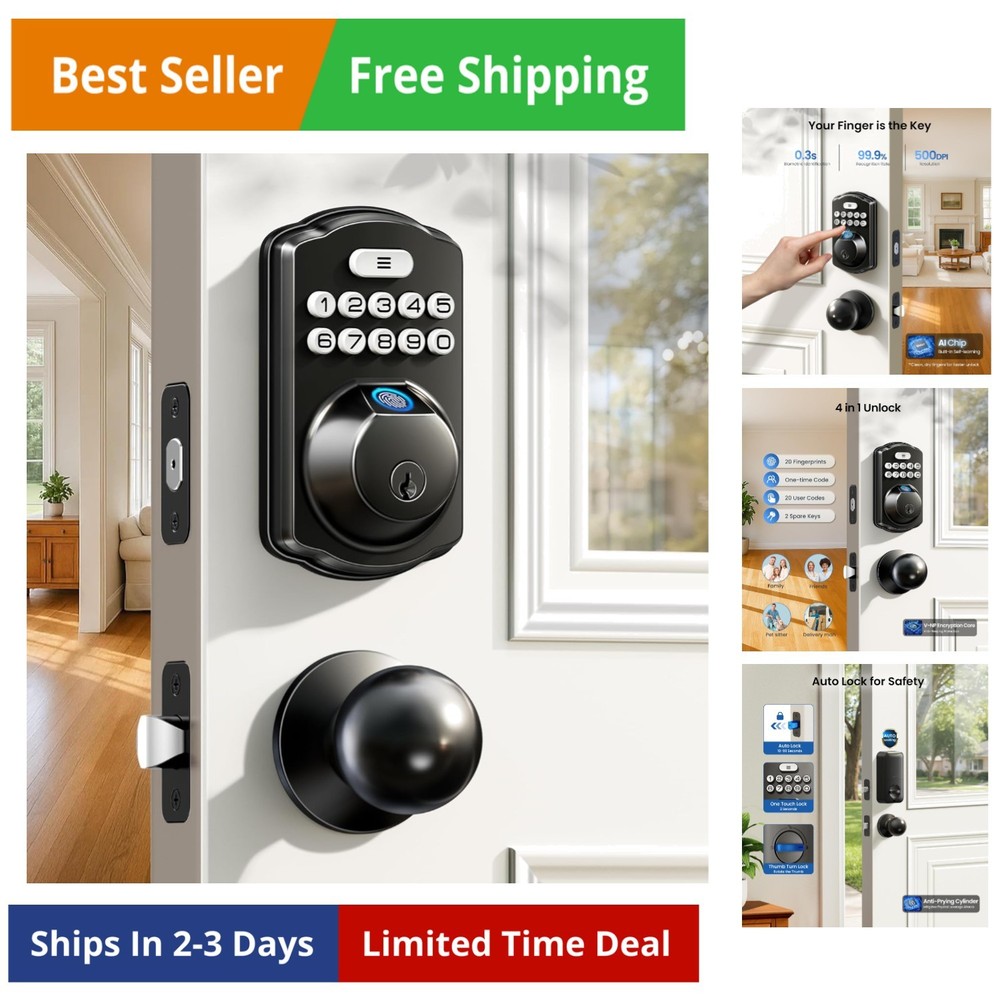 Fingerprint Door Lock with 2 Knobs - Keyless Entry Door Lock with Handle, Ele...
