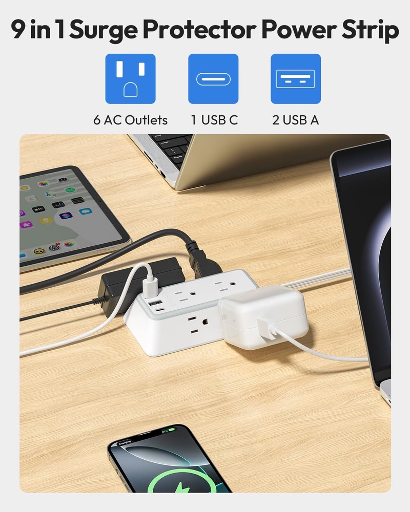 15 ft White Flat Plug Power Strip with USB C Surge Protector Wall Mount