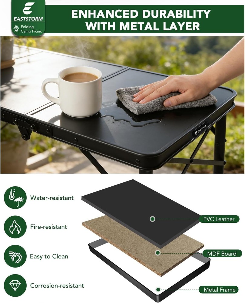 3ft Folding Camping Table Folding Table W/ 3 Adjustable Height Portable Table W/