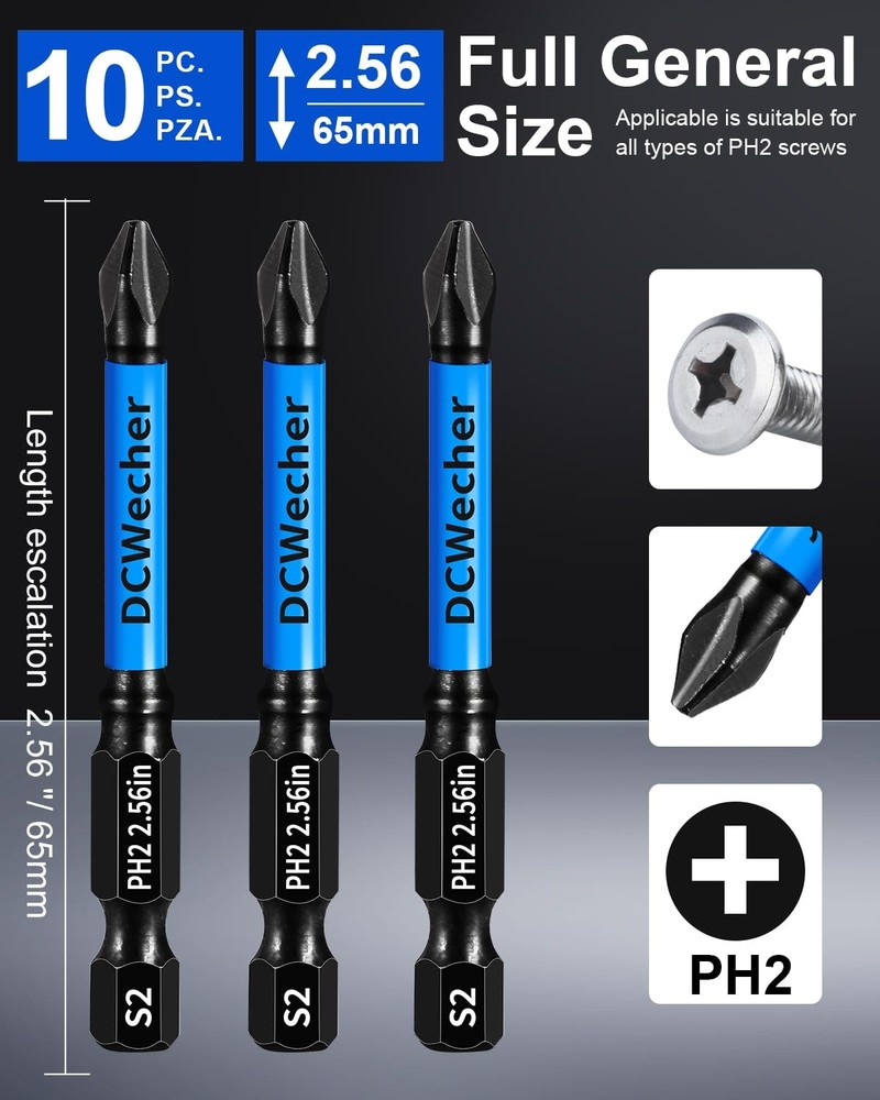 10Pack 2 Phillips Bits for Impact Driver, 2.5Inch Magnetic Drill Screwdriver ...