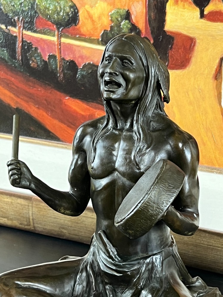 Bronze Seated Native American Drummer on Marble