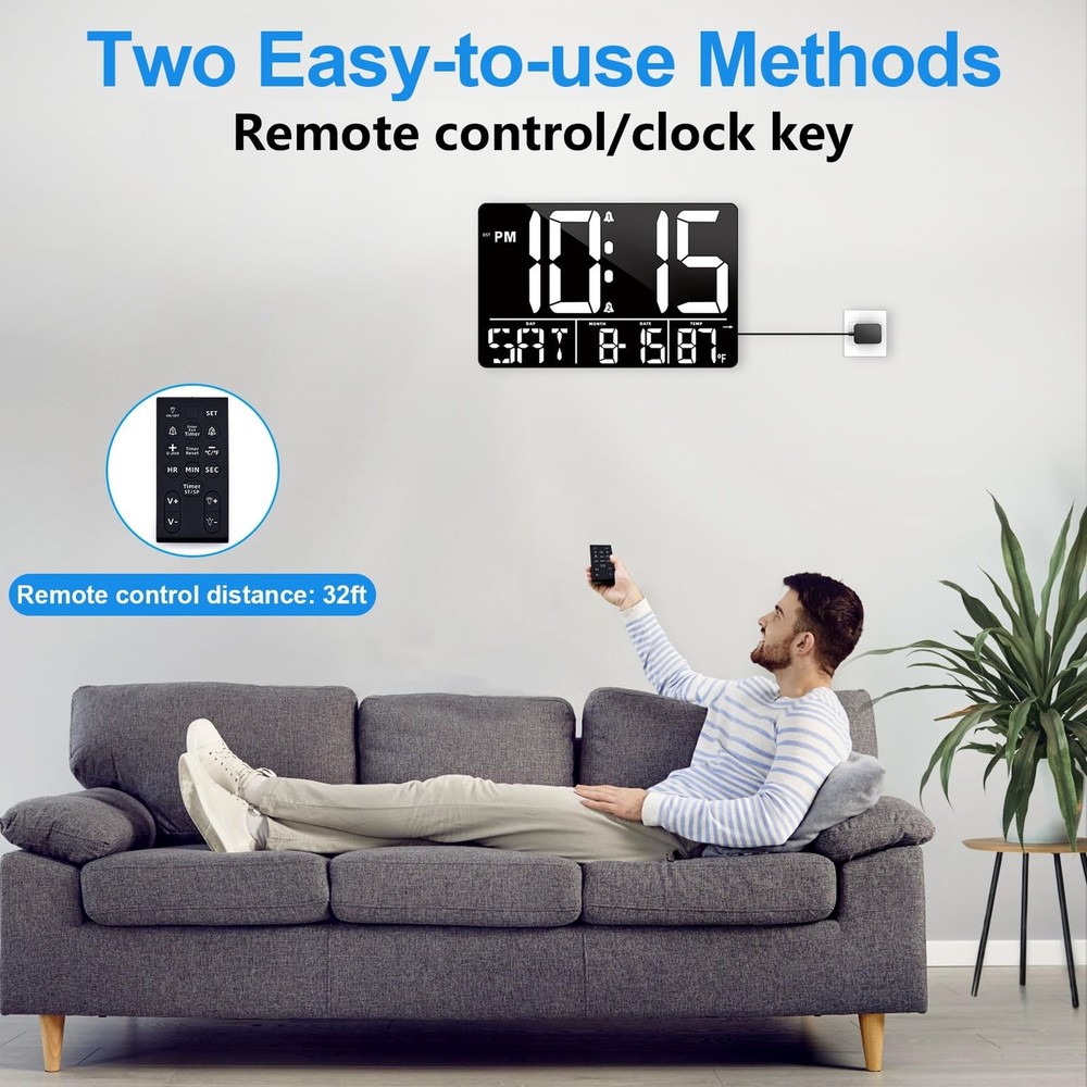 13" Digital Wall Clock Large Display with Remote, 25 Ringtones, Temperature, ...