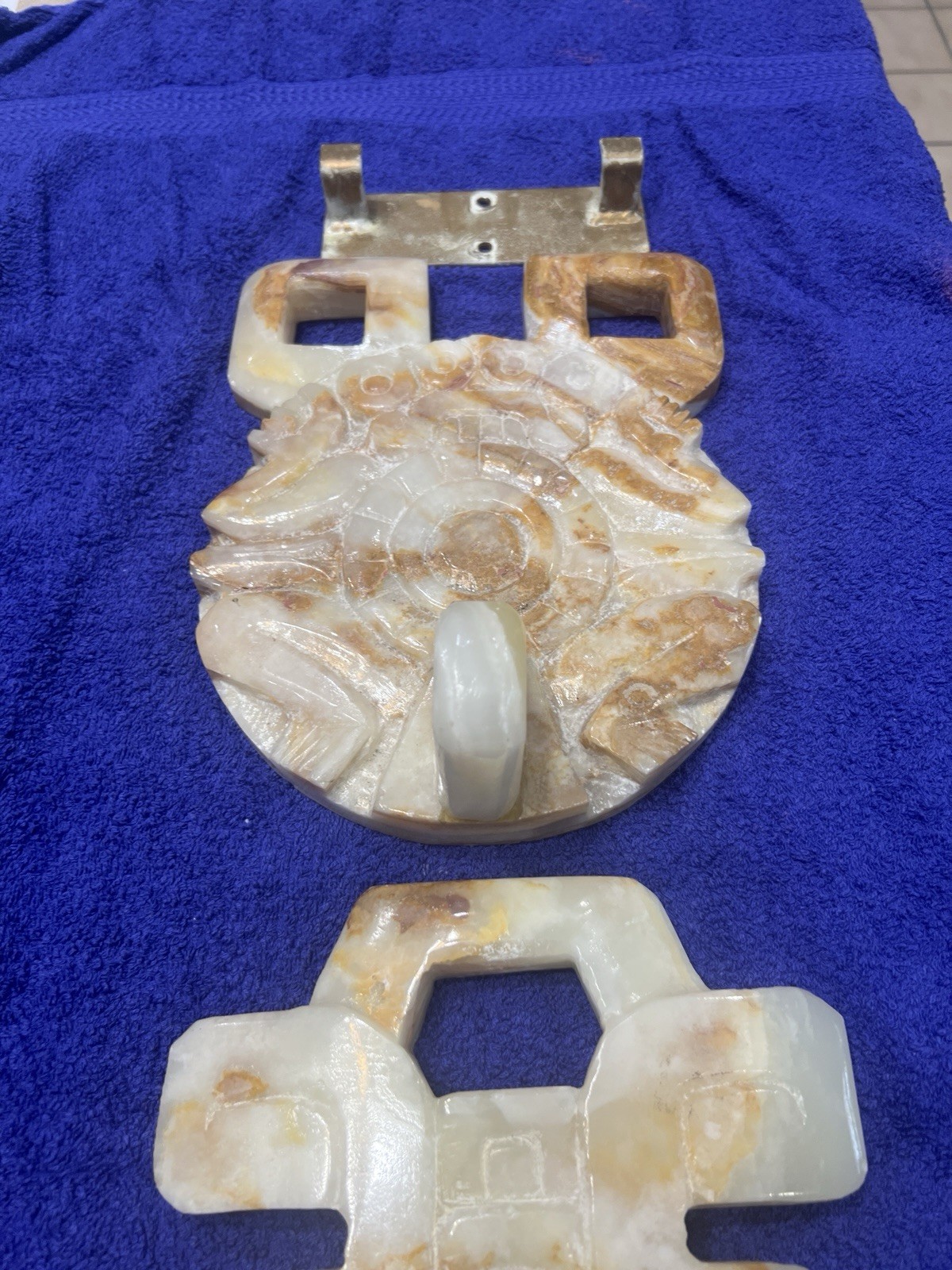 Aztec Mayan Marble/Onyx Large Stone Hand Carved Wall Hanging 33” Long W/bracket