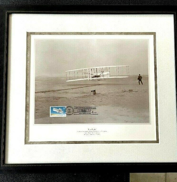 Wright Brothers 1st Flight Litho with Kitty Hawk Postmark Professionally Framed