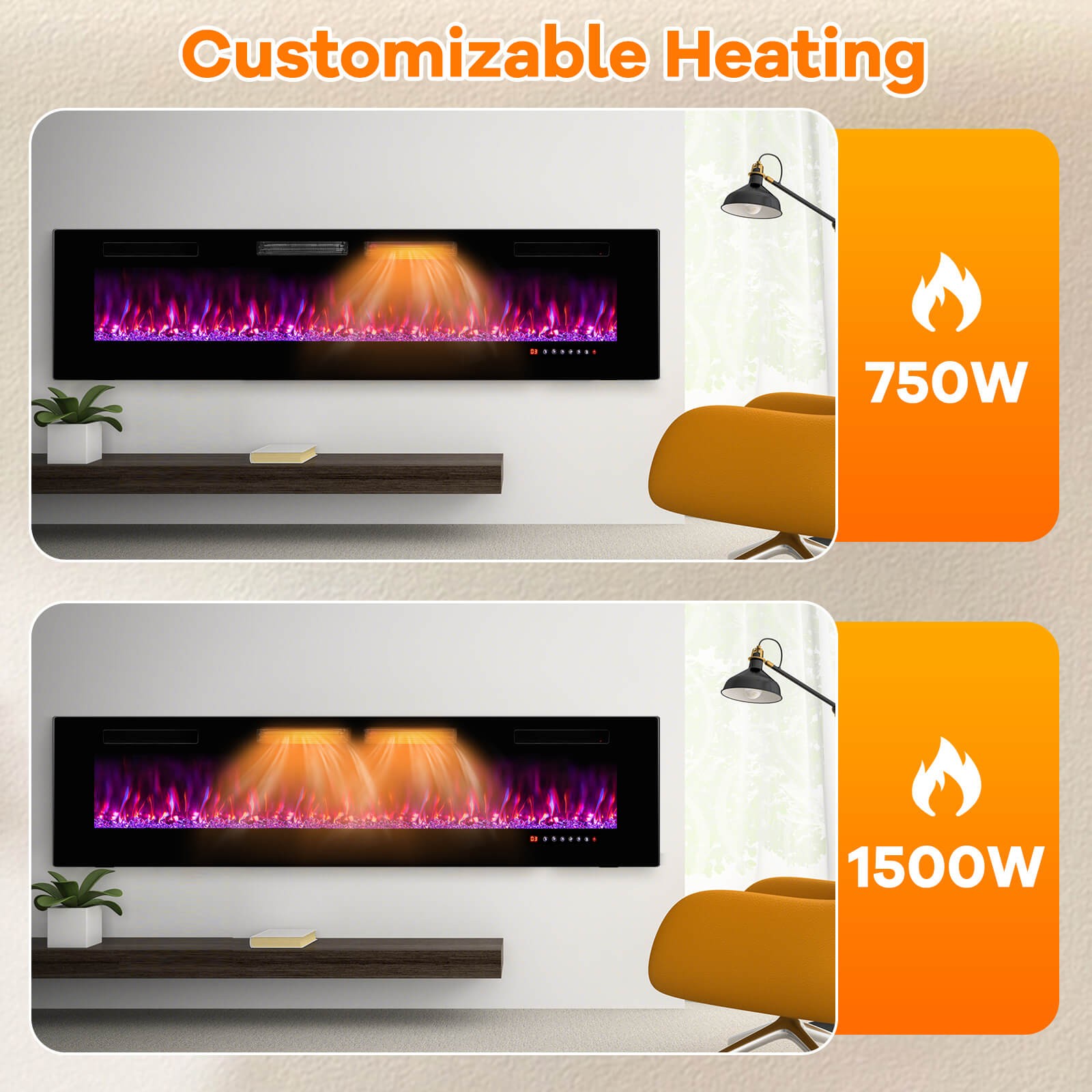 72 Inches Ultra-Thin Electric Fireplace Wall-Mounted & Recessed Fireplace Heater