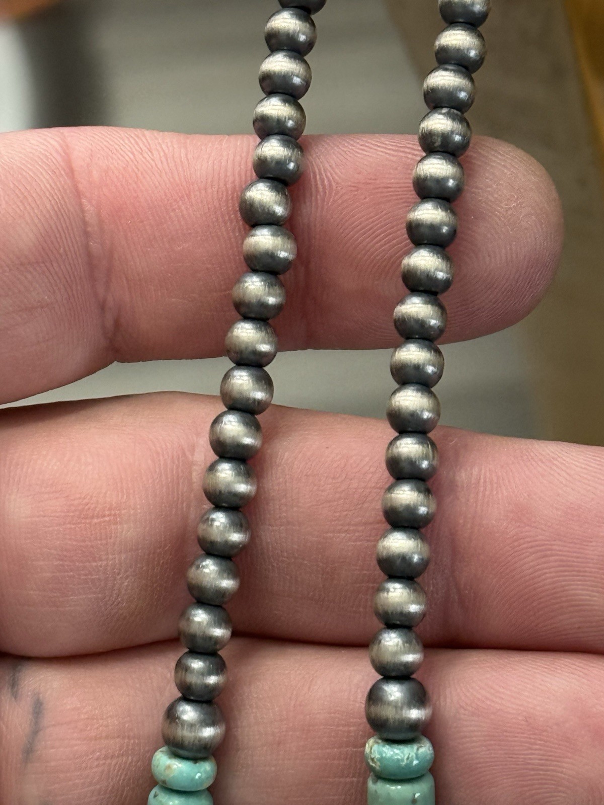 STERLING SILVER 5mm NAVAJO PEARL TURQUOISE CYLINDER BEADS BEADED NECKLACE .925