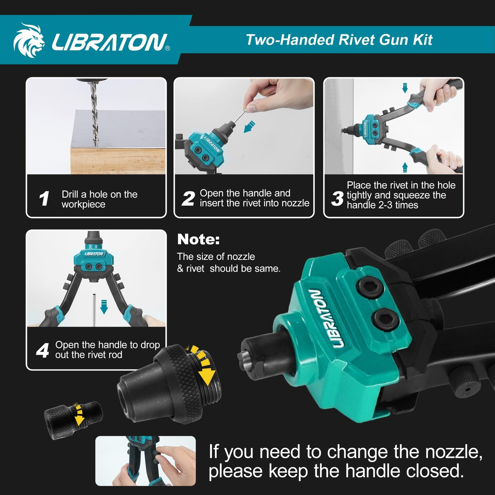 LIBRATON Pop Rivet Gun Kit, Two-Handed Rivet Gun, Heavy Duty Rivet ... Fast Ship