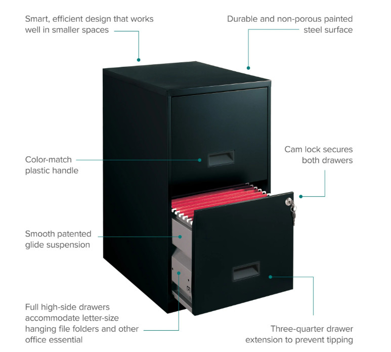 18" Deep 2 Drawer Letter Width Vertical File Cabinet, Secure Locking, Black