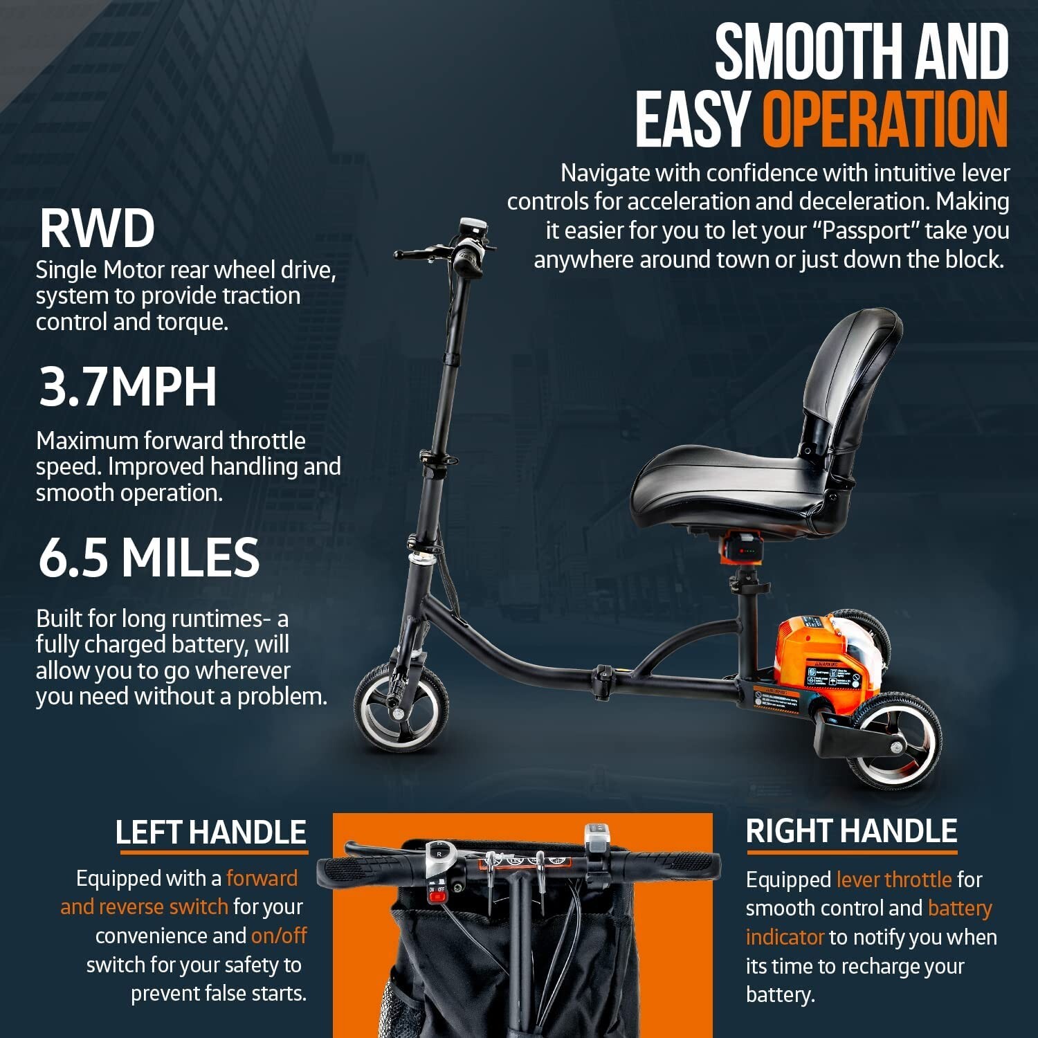 SuperHandy 3 Wheel Folding Electric Powered Long Range Travel Mobility Scooter