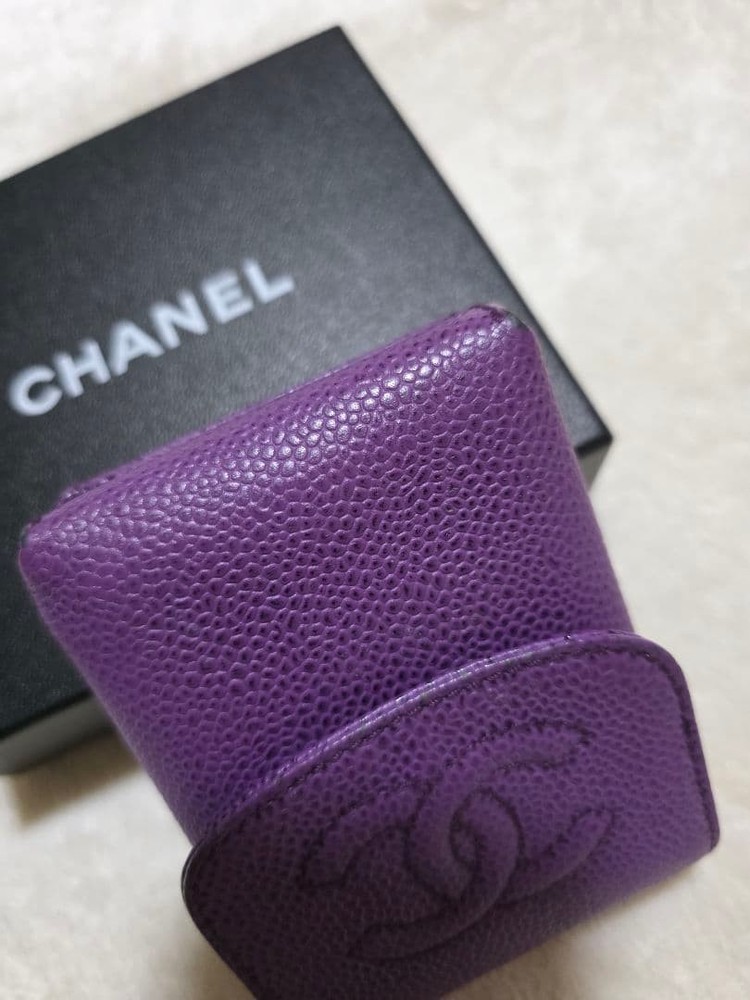 CHANEL Purple Violet Cigarette Case Leather Coco Mark Snap Button Used