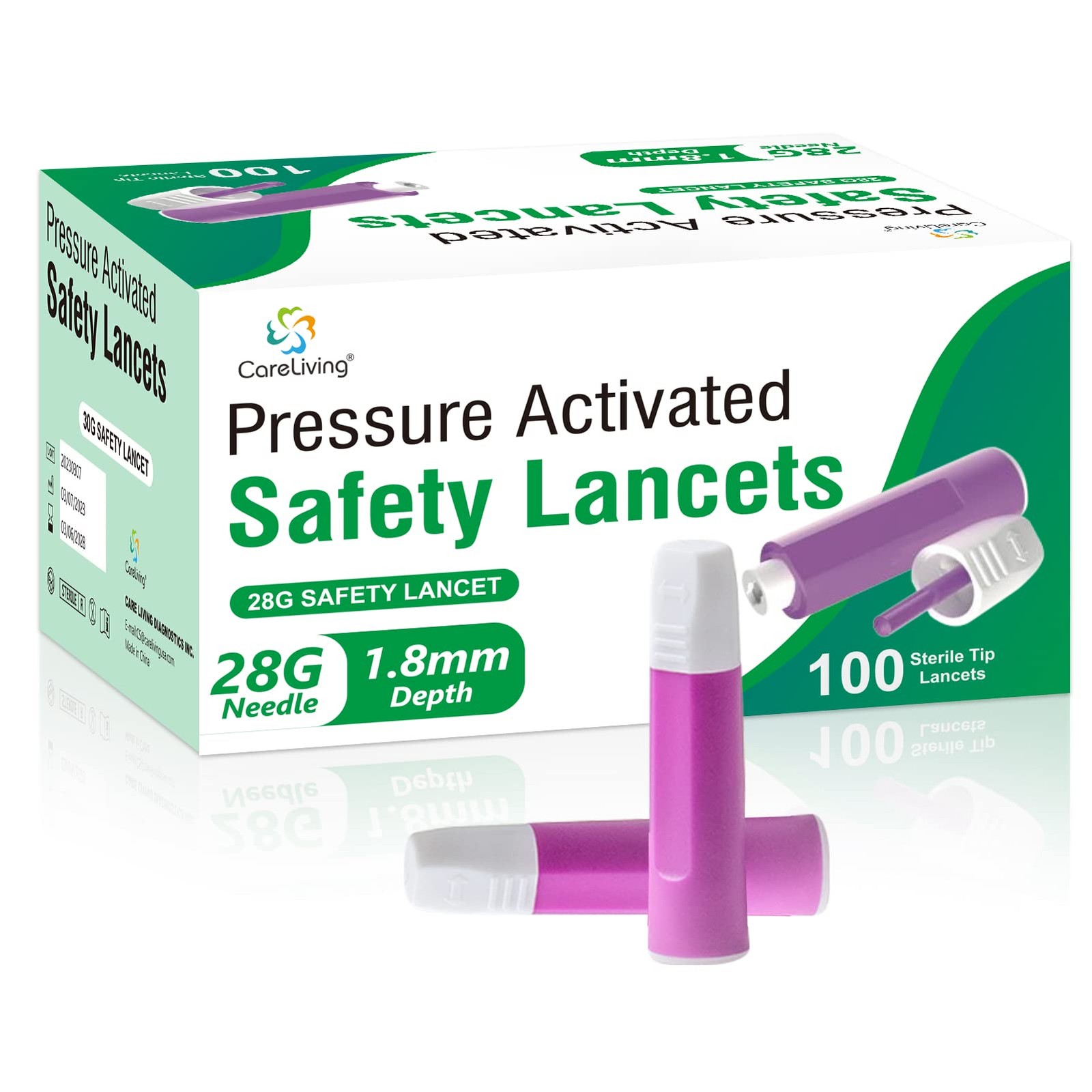 CARELIVING Safety Lancets, 100 Count Sterile, Pressure Activated 28 G, Gray