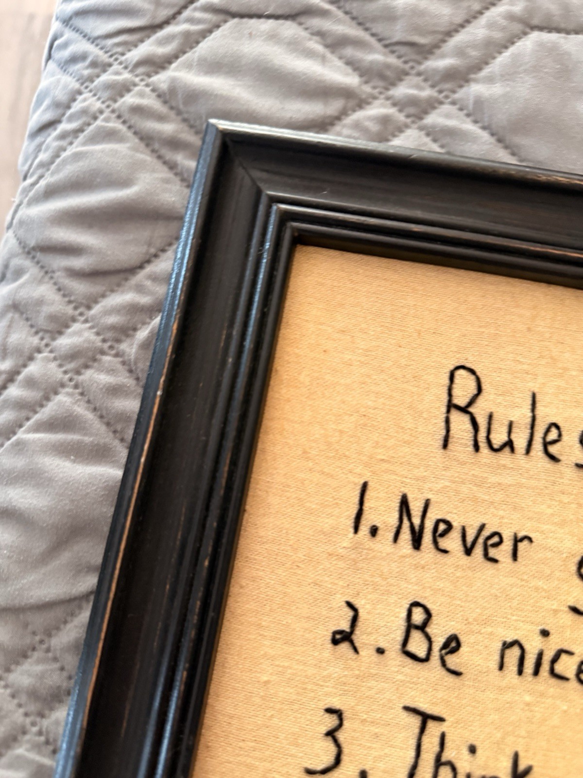 Primitive Wood Framed Embroidered Rules to Live By Flower Basket 14" × 12"