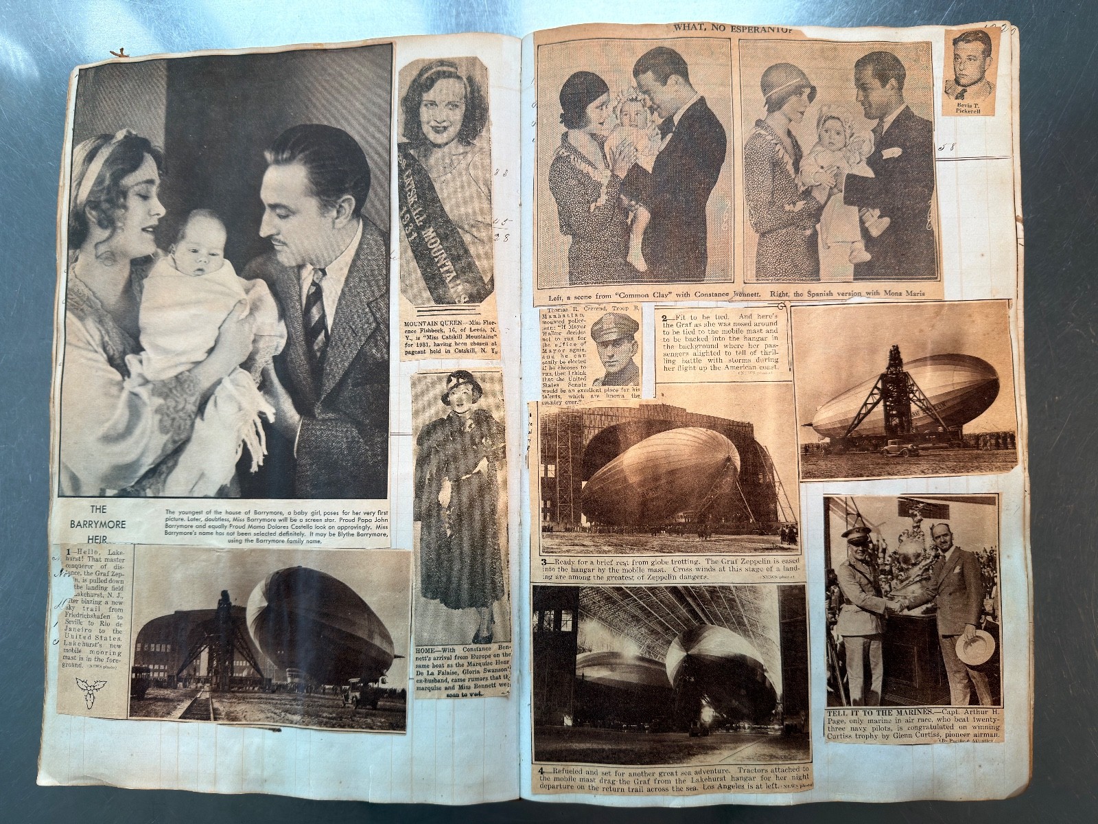 Large Newspaper Clipping Scrapbook NY/NJ 1920s-30s on 1840s Leatherbound Ledger