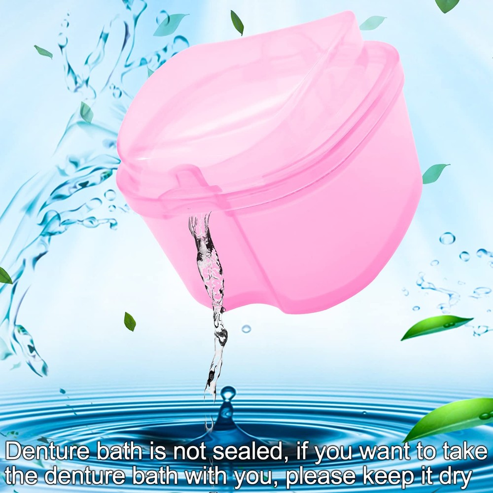 Denture Bath Case Soaking Cup with Brush, Holder Light Pink