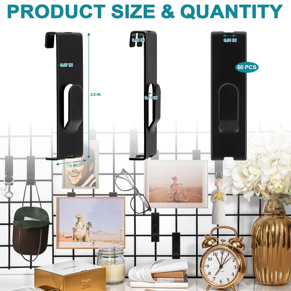 60 Pcs Grid Hooks for Wall, Grid Wall Picture Hooks Gridwall Shelf Accessorie...