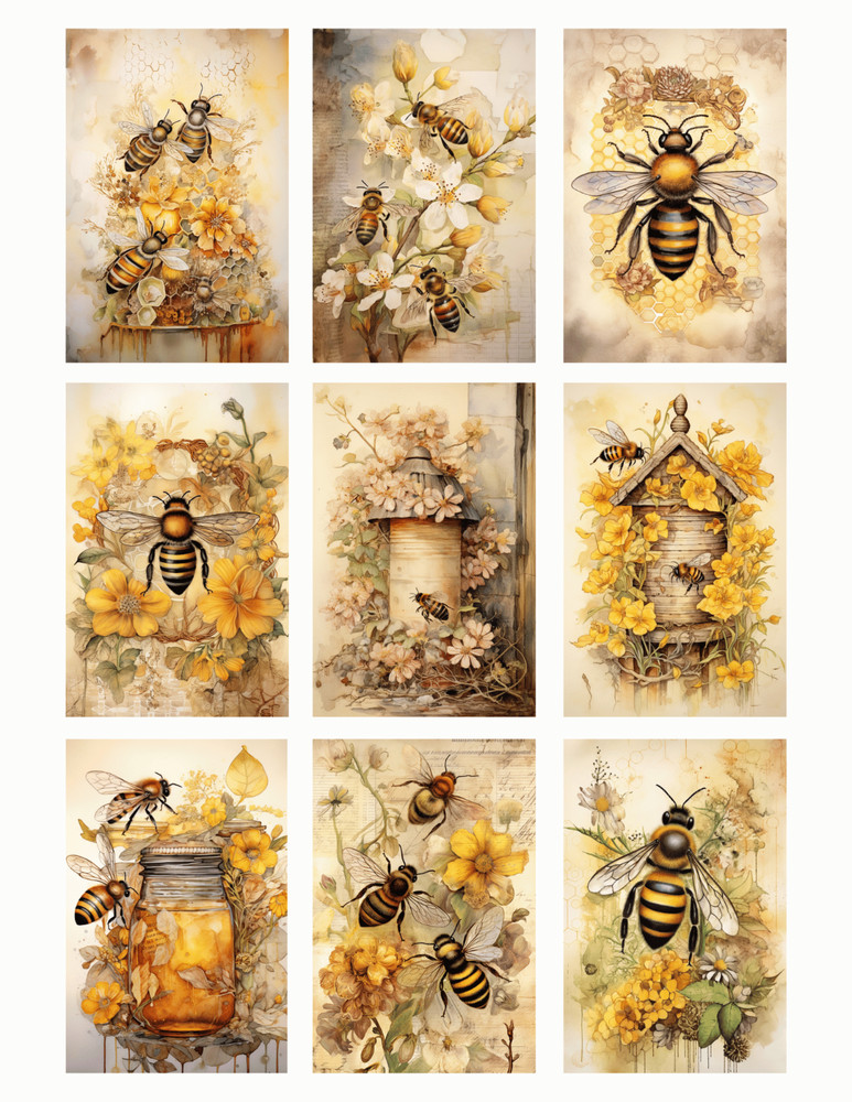 Yellow Bee Junk Journal Scrapbook 12 Pg Kit 91 Elements Collage Supply Ephemera