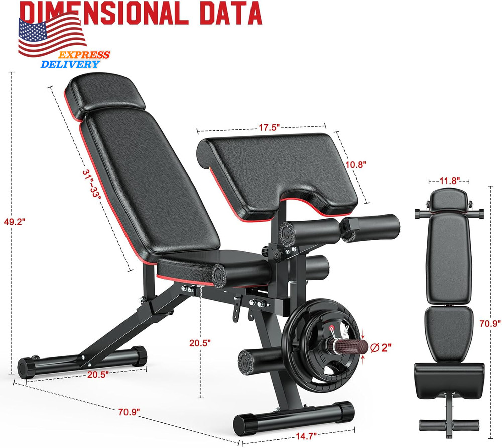 Workout Bench Adjustable Weight Bench Leg Extension & Leg Curl Extended Headrest