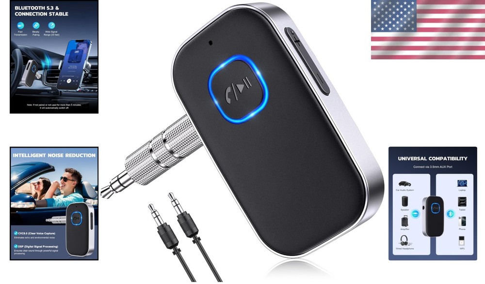 Hands-Free Bluetooth Receiver with 3.5mm AUX, 16H Battery for Car & Headphones
