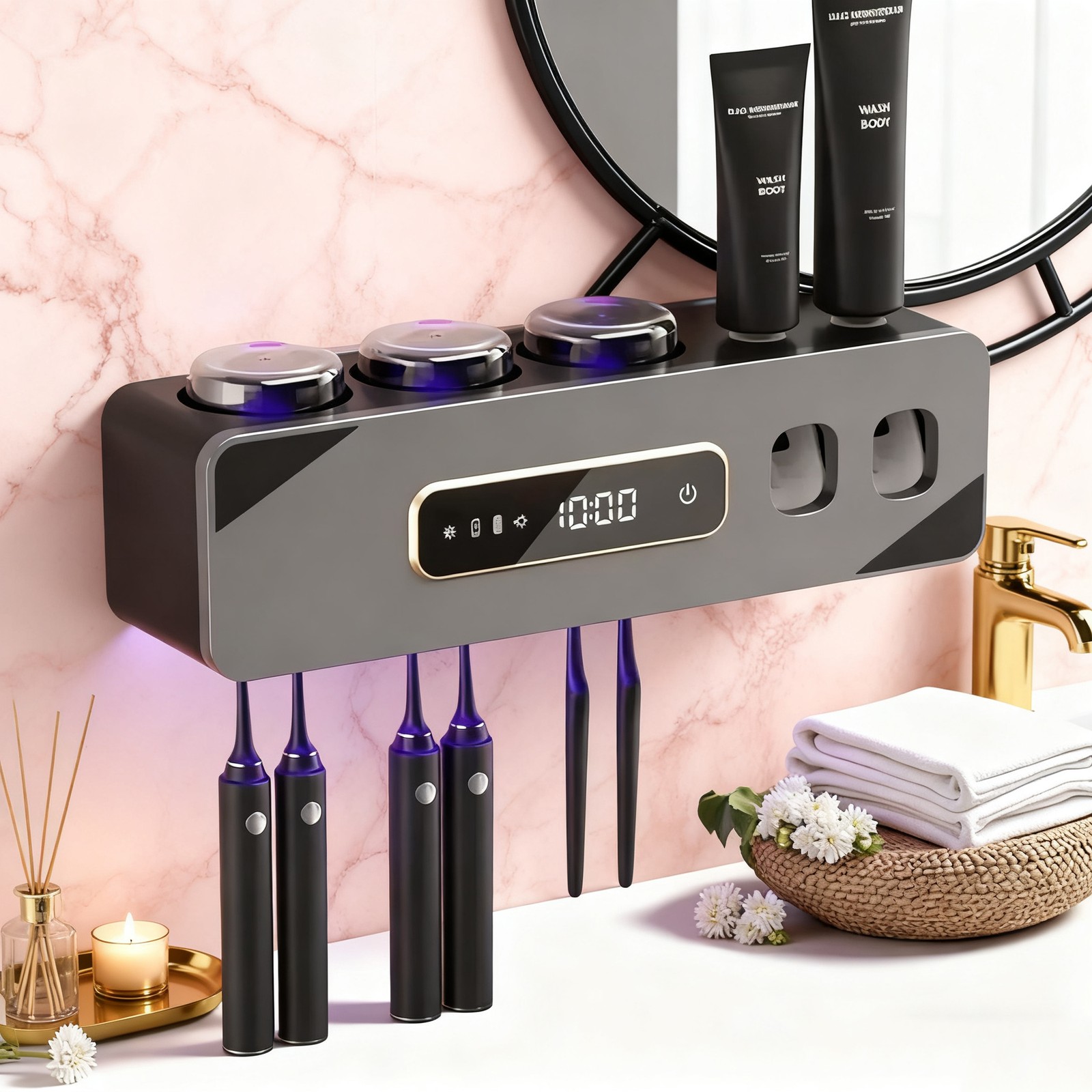 UV Light Sterilizer Toothbrush Holder Cleaner & Automatic Toothpaste Dispenser