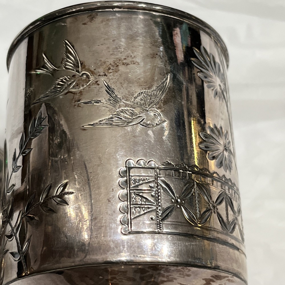 Rogers & Bro. Silver Goblet Triple Plate #206 Flowers Birds Initials LE